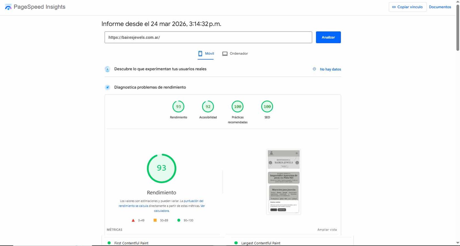 PageSpeed Insights Baires Jewels