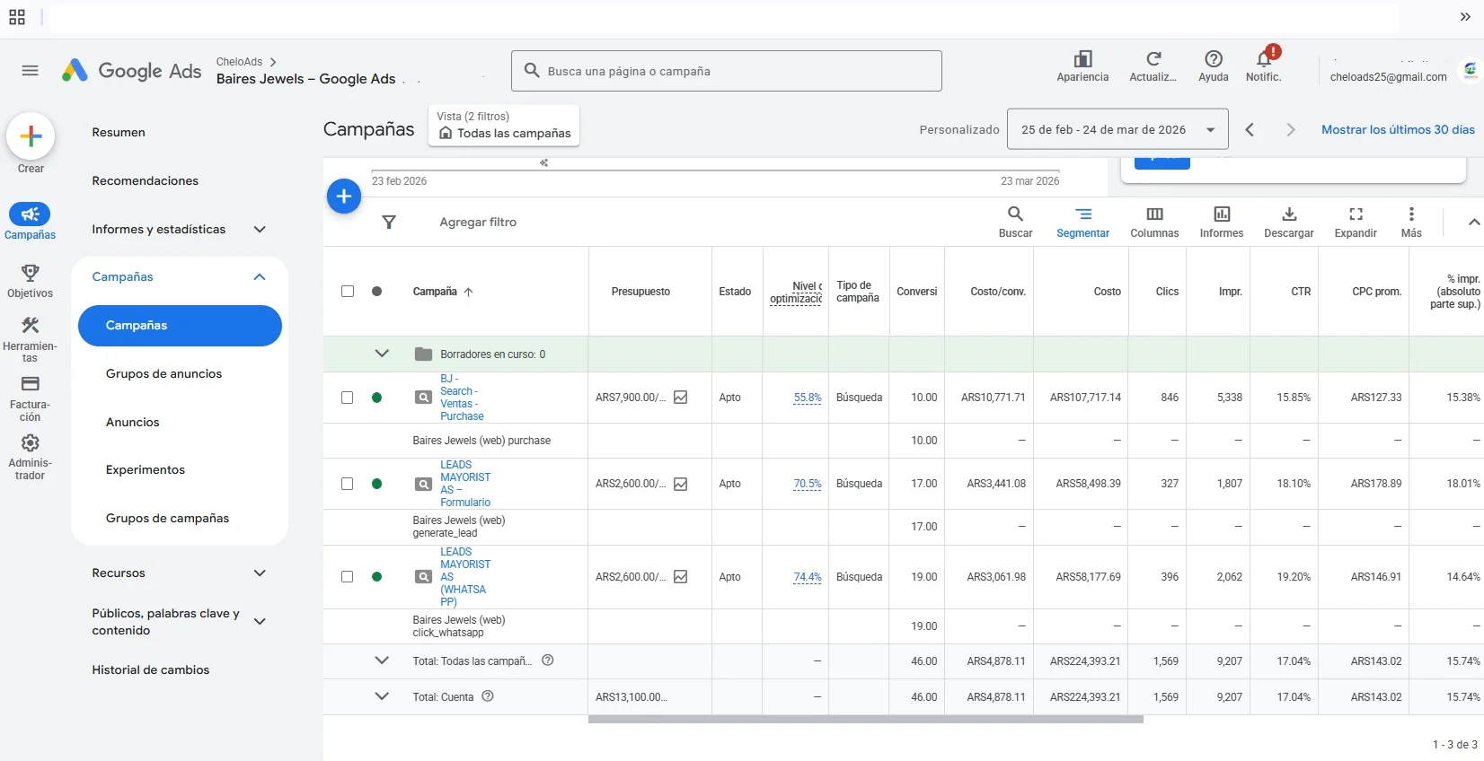 Google Ads Baires Jewels – conversiones y CPA